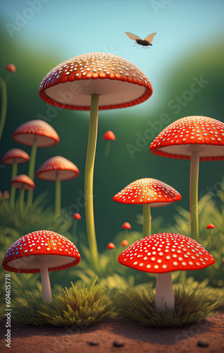 Fly Agaric in grass on a forest. Ai generated technology