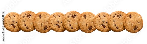 Row of round cookies isolated over a transparent background. Top view  mockup  copy space. Layout for bakeries and confectionery