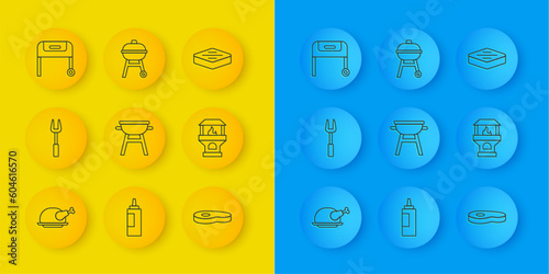 Set line Roasted turkey or chicken, Barbecue fork, grill, Steak meat, Brick stove, and icon. Vector