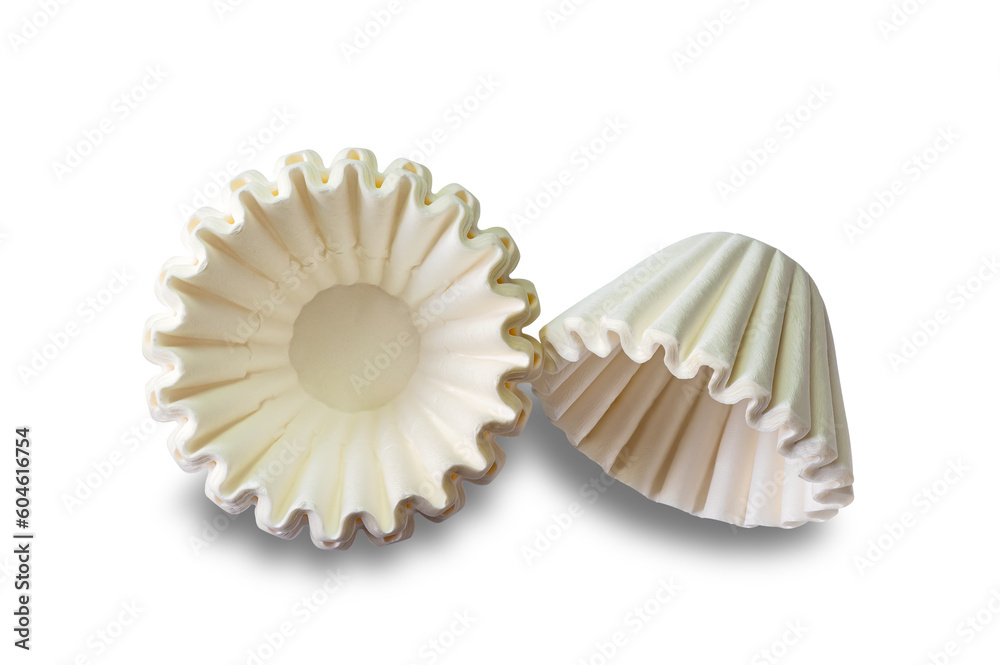 Top view, flat lay stack of new paper coffee filters isolated on white background with clipping path.