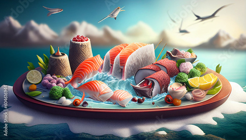 Tropical Delights: A Vibrant Sushi and Sashimi Paradise. ransport yourself to a dreamy island escape, where the tantalizing aromas and exotic flavors of sushi and sashimi dance harmoniously. photo