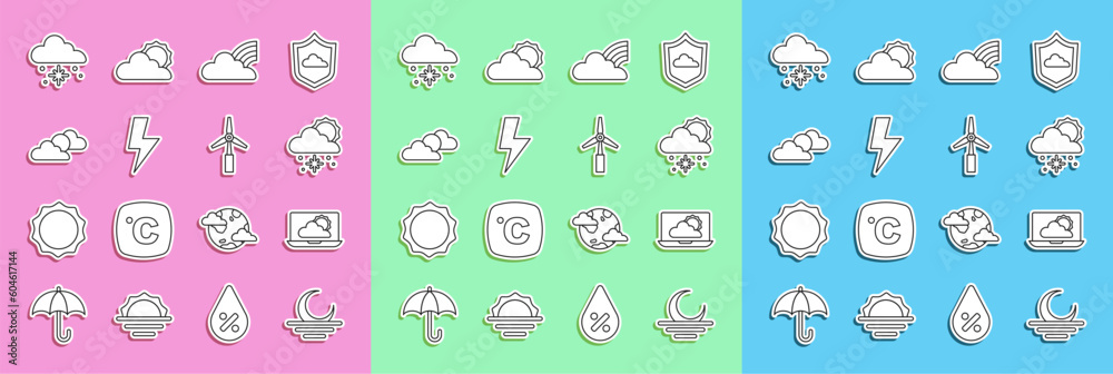 custom made wallpaper toronto digitalSet line Sunset, Weather forecast, Cloud with snow and sun, Rainbow clouds, Lightning bolt, weather, and Wind turbine icon. Vector