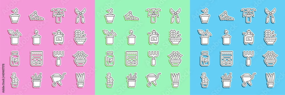 Set line Plant in pot, Flower vase, Exotic tropical plant, Sprout bottle, Seeds bowl and Garden sprayer for fertilizer icon. Vector