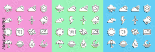 Wallpaper Mural Set line Sunset, Weather forecast, Cloud with snow and sun, Rainbow clouds, Lightning bolt, weather, and Wind turbine icon. Vector Torontodigital.ca