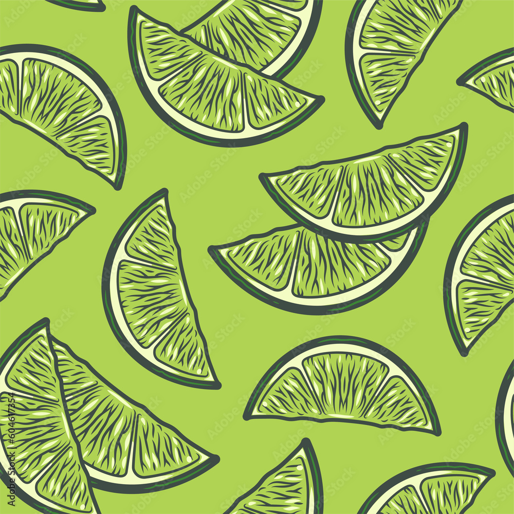 Fototapeta premium Seamless pattern wallpaper with lime, lemon and orange fruit, juicy fresh summer bar