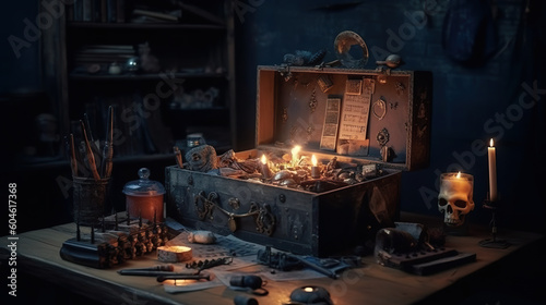 A trunk filled with candles sitting on top of a table. Generative AI. Dark academia style, victorian style mansion interior design with wooden stairs.