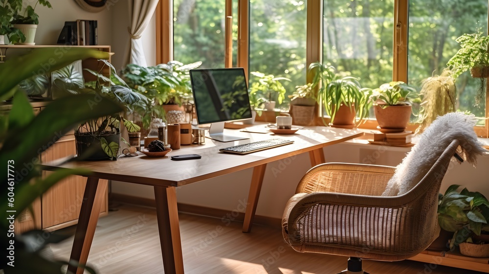 Serene Home Office Oasis: A Warm, Minimalist Workspace Overlooking a Peaceful Garden