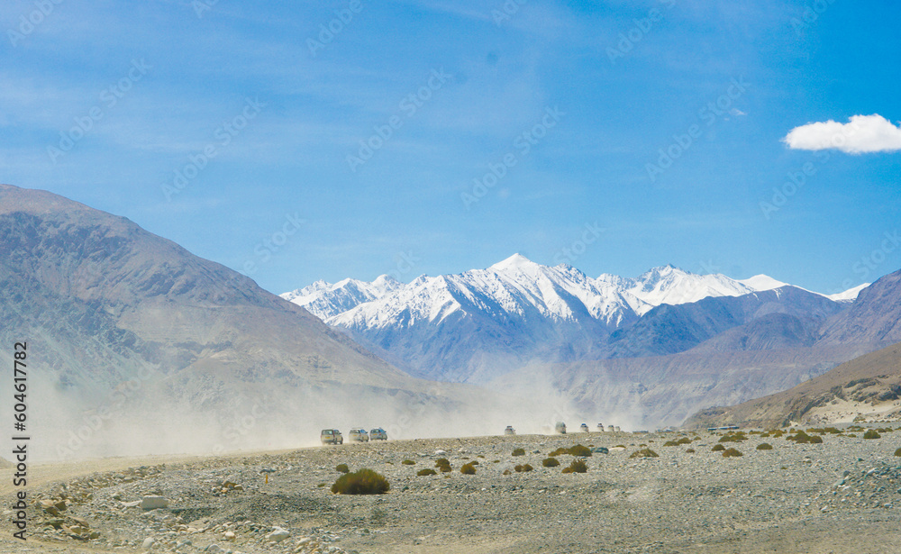 mountain road at Ladakh India with view of the Himalayan mountain range.