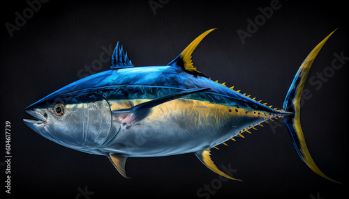 Golden Beauty of the Sea  Captivating Yellowfin Tuna. The intricate details of its patterned scales and the captivating play of light. 
