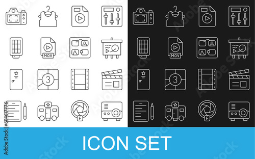 Set line Media projector, Movie clapper, Scenario on chalkboard, AVI file document, MOV, Softbox light, Photo camera and Storyboard icon. Vector