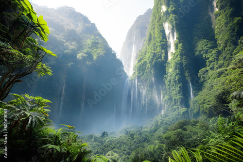 Waterfalls flowing down mountain slopes lush with greenery as mist and vapor from the cascading waters gives an ethereal feel. Secluded and uncharted virgin tropical rainforest paradise. Generative ai