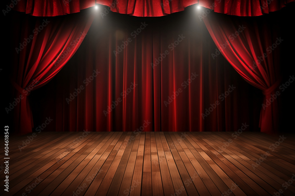 Empty theater stage with red curtains - obrazy, fototapety, plakaty 