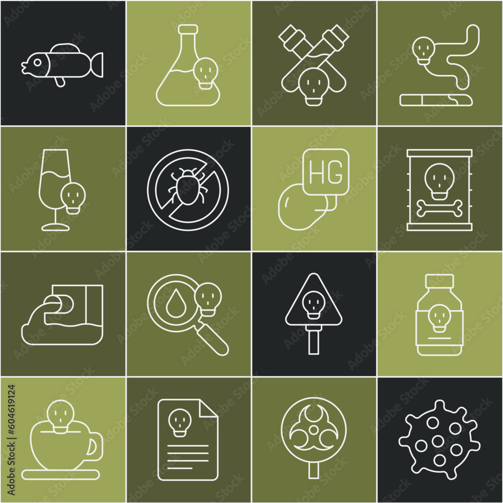 Set line Bacteria, Poisoned pill, Radioactive waste in barrel, Bottle with potion, Stop colorado beetle, alcohol, Puffer fish and Drop of mercury icon. Vector