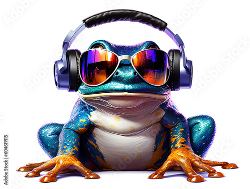 Dj poison dart frog wearing sunglasses and headphones listening to music isolated on white background - Generative AI photo