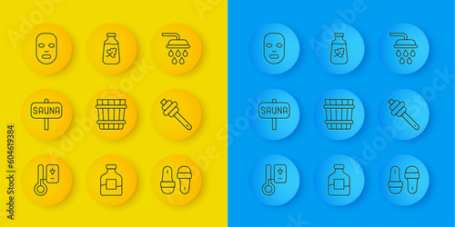 Set line Sauna thermometer, bucket, slippers, Honey dipper stick, Facial cosmetic mask, Shower and Essential oil bottle icon. Vector