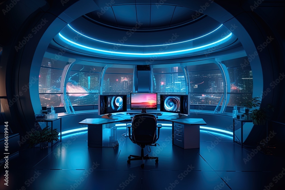 blue color science fiction office space using generative AI Stock ...