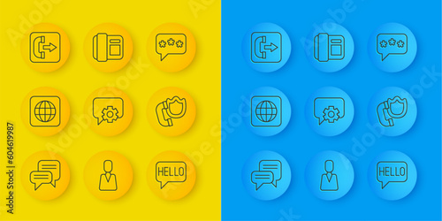 Set line Speech bubble chat, Worldwide, Telephone 24 hours support, Hello in different languages, handset with shield, Outgoing call, and icon. Vector
