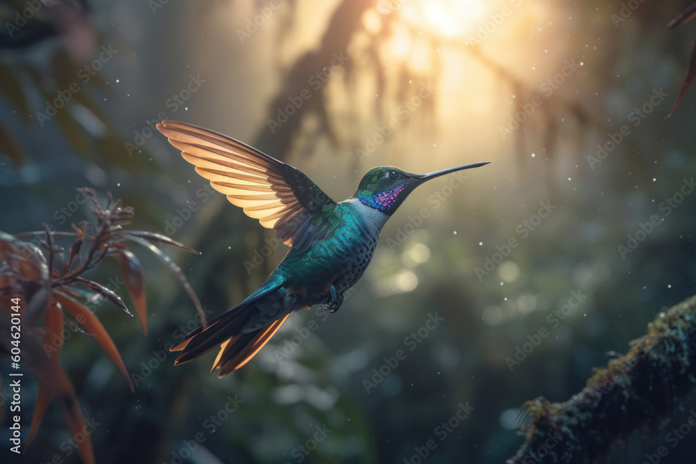 Obraz premium Peaceful hummingbird resting on a branch amidst the vibrant greenery of a lush forest in Costa Rica. AI Generative.