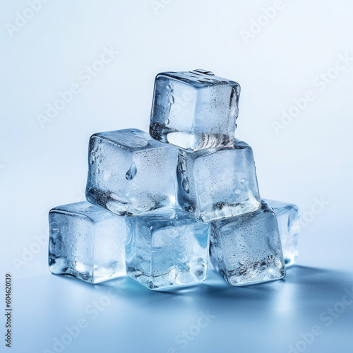 Some ice cubes are being left to melt on a surface. Isolated on plain background. Lighting from the back and top. 