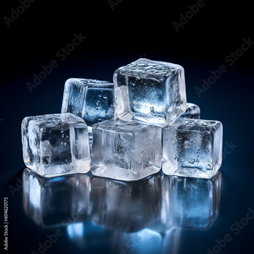 Some ice cubes are being left to melt on a surface. Isolated on plain background. Lighting from the back and top.
