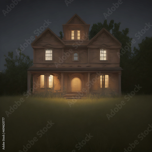 house in the night with light bulb, house on the hill with light blub, horror house