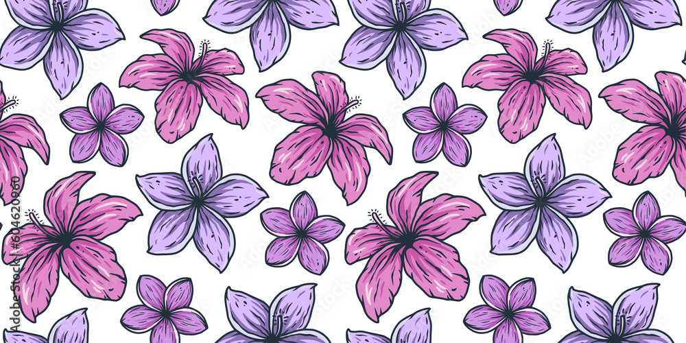 Hawaii flower seamless pattern. Nature tropical floral bud wallpaper for tiki bar. Exotic bloom or plant for hawaiian surf party Hawaii flower seamless pattern. Nature tropical floral bud wallpaper for tiki bar. Exotic bloom or plant for hawaiian surf party