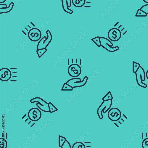 Black line Coins on hand - minimal wage icon isolated seamless pattern on green background. Vector