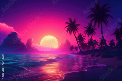 Tropical beach and palm tree background. Retro tone color style. Summer vacation concept. Generative ai. © tonktiti