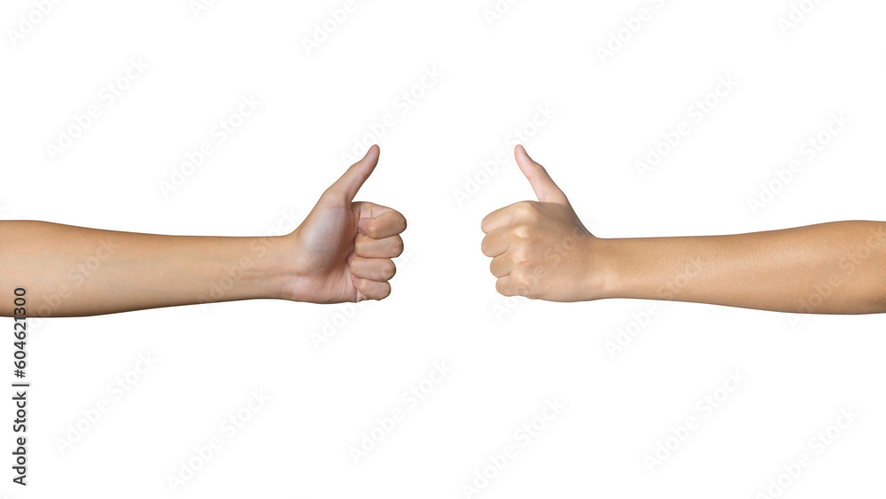 Hand of client show thumb up, front and back view isolated on white background. Clipping path included. Service rating, satisfaction concept