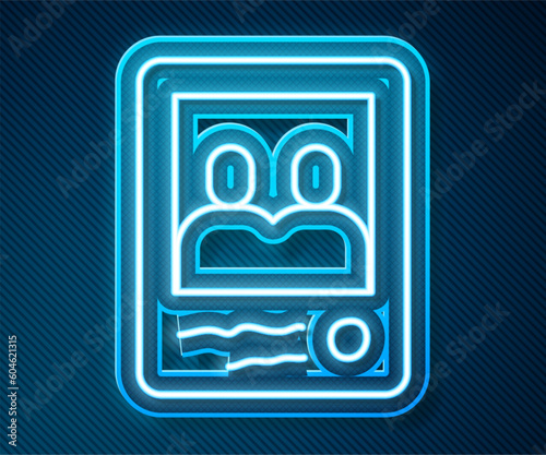 Glowing neon line Family photo icon isolated on blue background. Vector