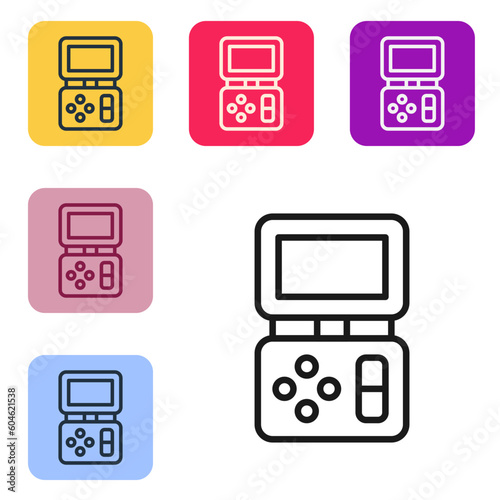 Black line Portable tetris electronic game icon isolated on white background. Vintage style pocket brick game. Interactive playing device. Set icons in color square buttons. Vector
