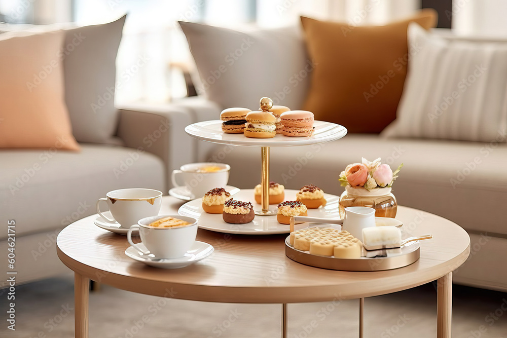 modern served tea table with biscuits modern served tea table with biscuits