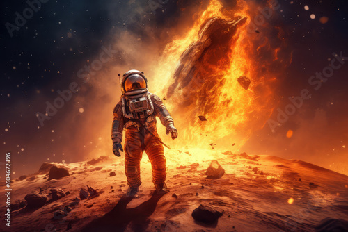 Astronaut burning on a planet