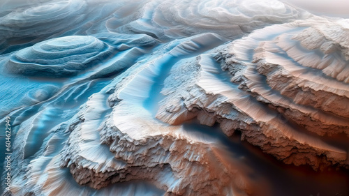 A close-up shot of the South polar cap on Mars, emphasizing the unique layering of ice and dust.