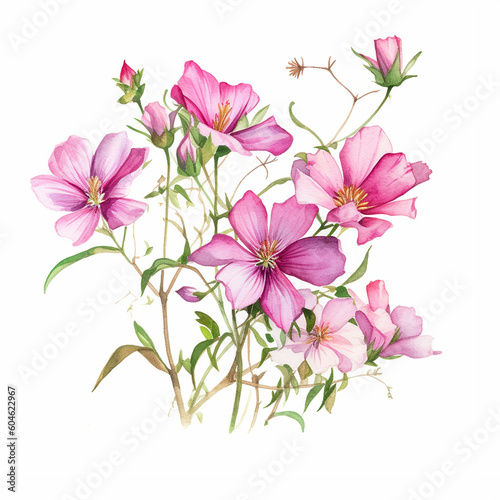 Pink Flowers watercolor illustration. Manual composition. Isolated on a white background.floral vintage bouquet
