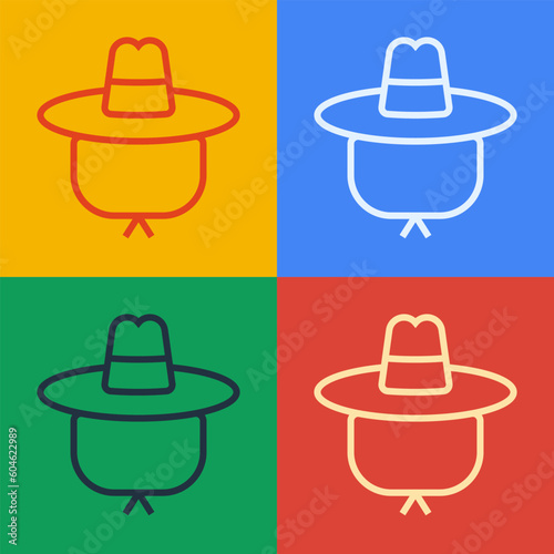 Pop art line Camping hat icon isolated on color background. Beach hat panama. Explorer travelers hat for hunting, hiking, tourism. Vector
