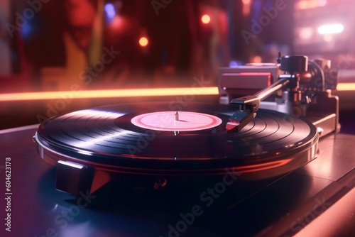 A turntable with a metal handle and a vinyl record on it's side, with a blurry background of a room with lights. Generative AI