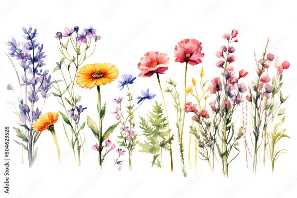 A group of flowers painted in watercolor on a white background. Generative AI.