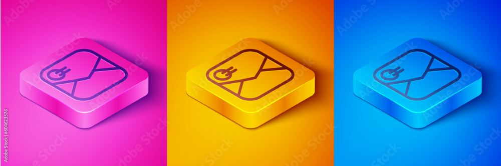 Isometric line Envelope with Valentine heart icon isolated on pink and orange, blue background. Message love. Letter love and romance. Square button. Vector Isometric line Envelope with Valentine heart icon isolated on pink and orange, blue background. Message love. Letter love and romance. Square button. Vector