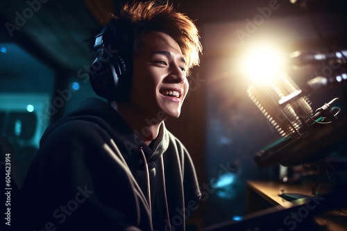 A young man wearing headphones in front of a microphone. Generative AI. Oriental, Asian male singer in recording studio.