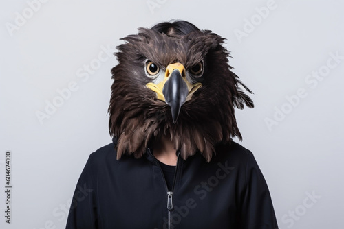A daring criminal mastermind dons an eagle suit, exuding an air of mystery and intrigue as he poses against a white backdrop. generative AI. photo