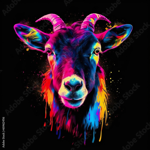 portrait of a goat, Abstract goat portrait, neon lights on horse head and watercolor splash on black background, AI painting