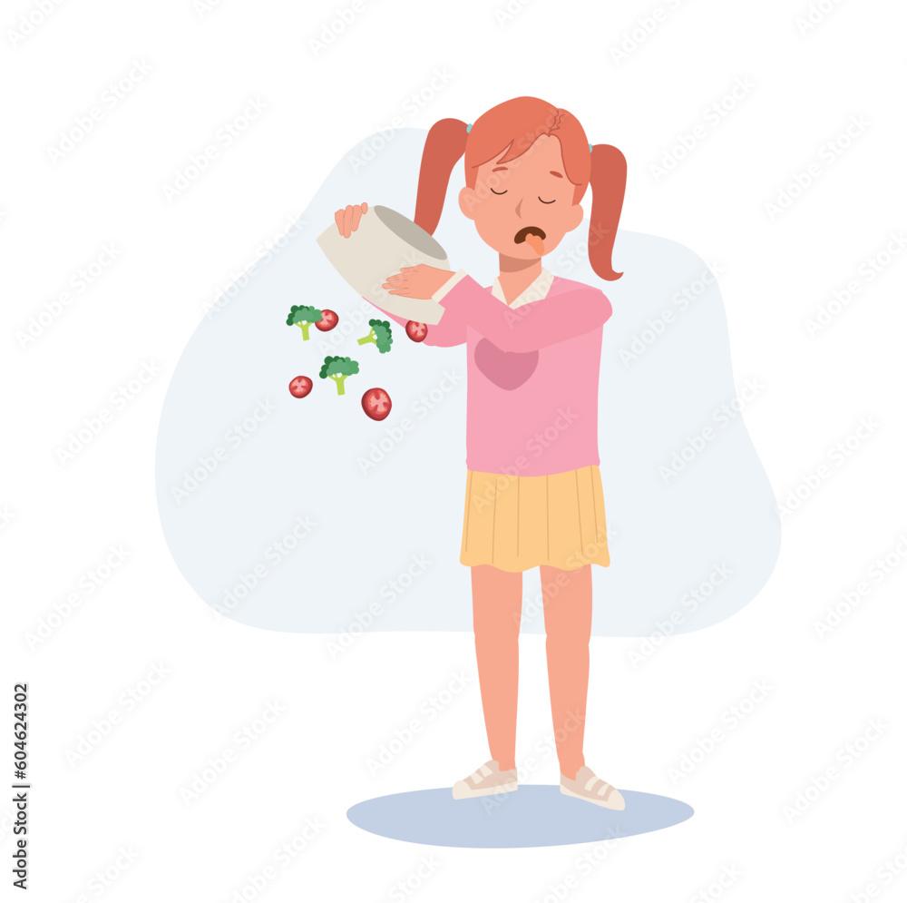 cute young girl,kid do not want to eat vegetable, salad. children hate vegetables. Flat vector cartoon illustration cute young girl,kid do not want to eat vegetable, salad. children hate vegetables. Flat vector cartoon illustration