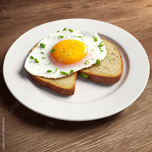 Fried eggs with green beans and toasts on a wooden table. 