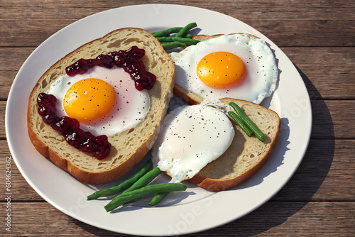 Fried eggs with green beans and toasts on a wooden table.