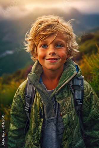 A young boy with a backpack on a mountain. Generative AI.