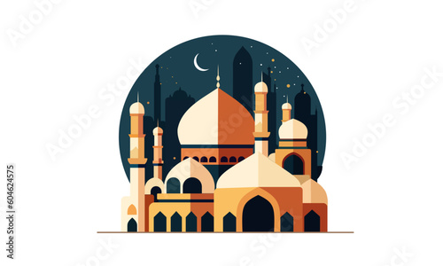 a stylized of a muslim mosque,a flat design of a masjid for Islamic organizations or communities,Beautiful Islam temple icon,crescent and cloud,Vector Illustration,Eid Mubarak greetings,Ramadan Kareem