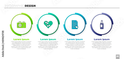 Set Photo camera, Healed broken heart, Envelope with Valentine and Wine bottle. Business infographic template. Vector