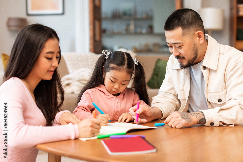 Asian Mom And Dad Teaching Preschool Daughter To Write Indoors Asian Mom And Dad Teaching Preschool Daughter To Write Indoors