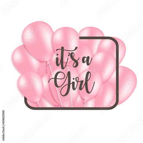It`s a girl, baby shower announcement banner, gender reveal party with pink balloons